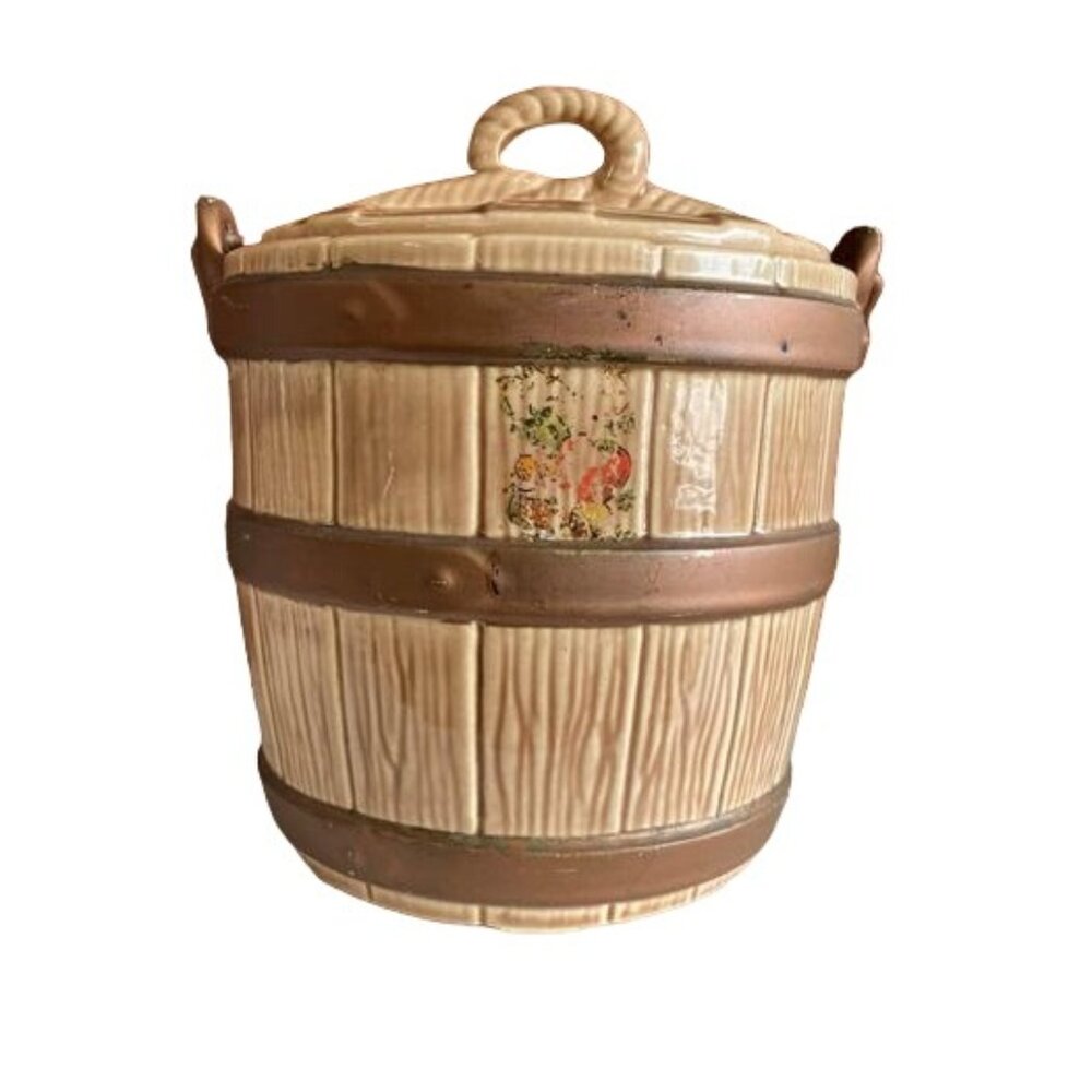 McCoy Art Pottery Oak PAIL Bucket Cookie Jar Metal Handle USA Rope Handle Lid